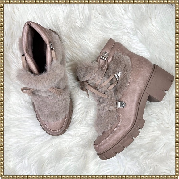 XOXO Shoes - XOXO Odonna Taupe Lace Up Fur Buckle Ankle Booties 9.5